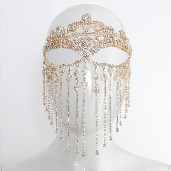 Women's Rhinestone Tassel Veil Masks Forehead Chain Rave Crystal Chains Mask - Picture 4 of 6